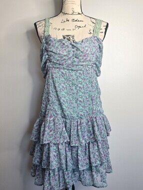 Ru Cowgirl Tiered Floral Ruffle Mini Dress in Mint Sz L Boho Western